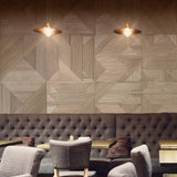 A restaurant with contemporary wood panelling on the walls