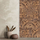 The Quercus panel 3d squares can be seen in this image of the panels on a wall. The 3d squares are all different heights and textures of natural cork.