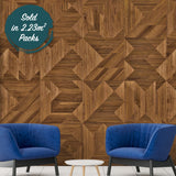 A walnut ribbed wall design in abstract shapes.  The wall is in a stylish waiting room.