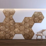 A wall with the Caro wooden wall panels installed. These are installed in a pattern that leaves some of the white wall showing.