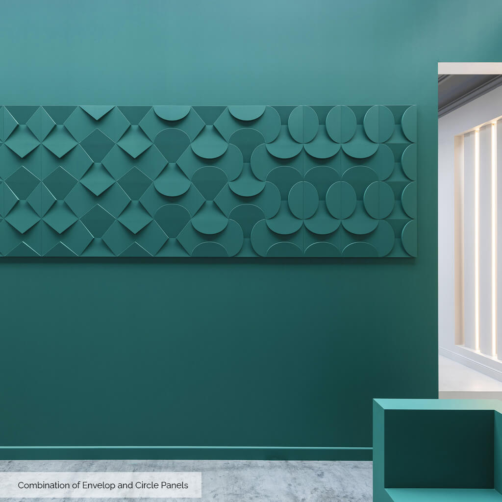 A section of wall where 3D wall art has been created by using a mixture of the 3D Circle and Envelop panels. These panels are painted the same colour as the wall.