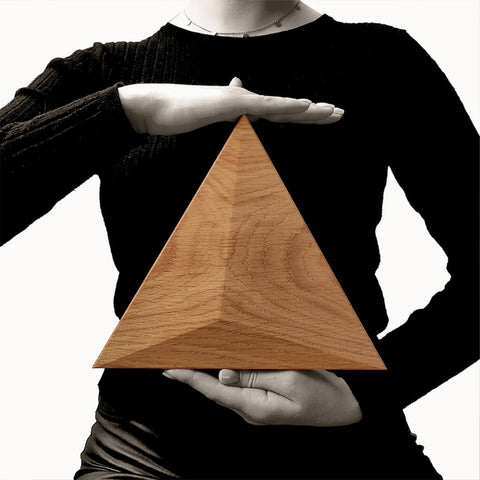 To show the scale a person holding one of the triangle diamond shaped wooden panels at chest height.