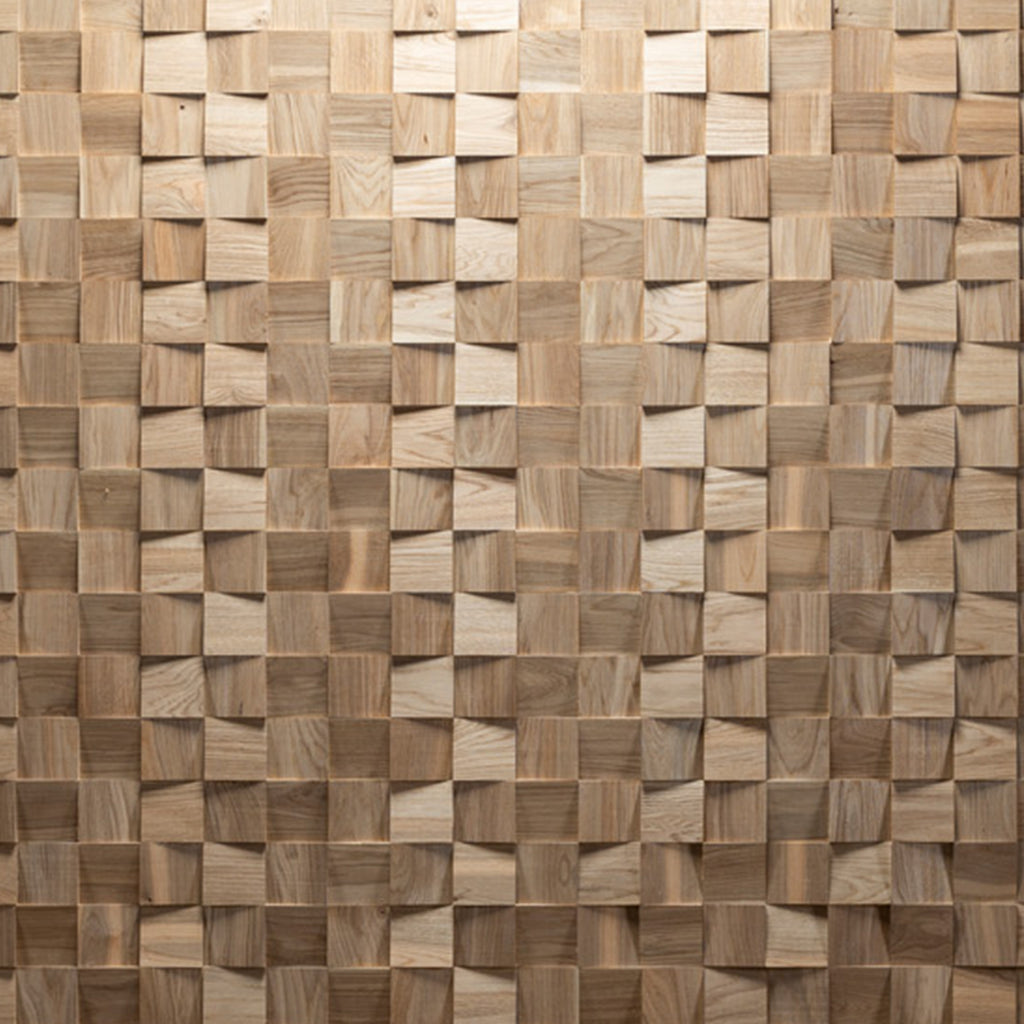 Front facing image of the Dominus panels. The panel is a 3D angular square wall panel design in a light oak colour.  