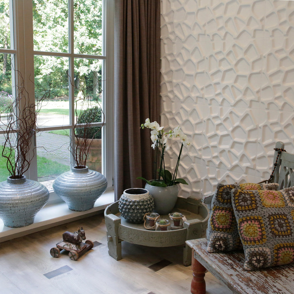 3D wall panel Gaps used to create a textured wall within a living room, perfect for a neutral colour palette.
