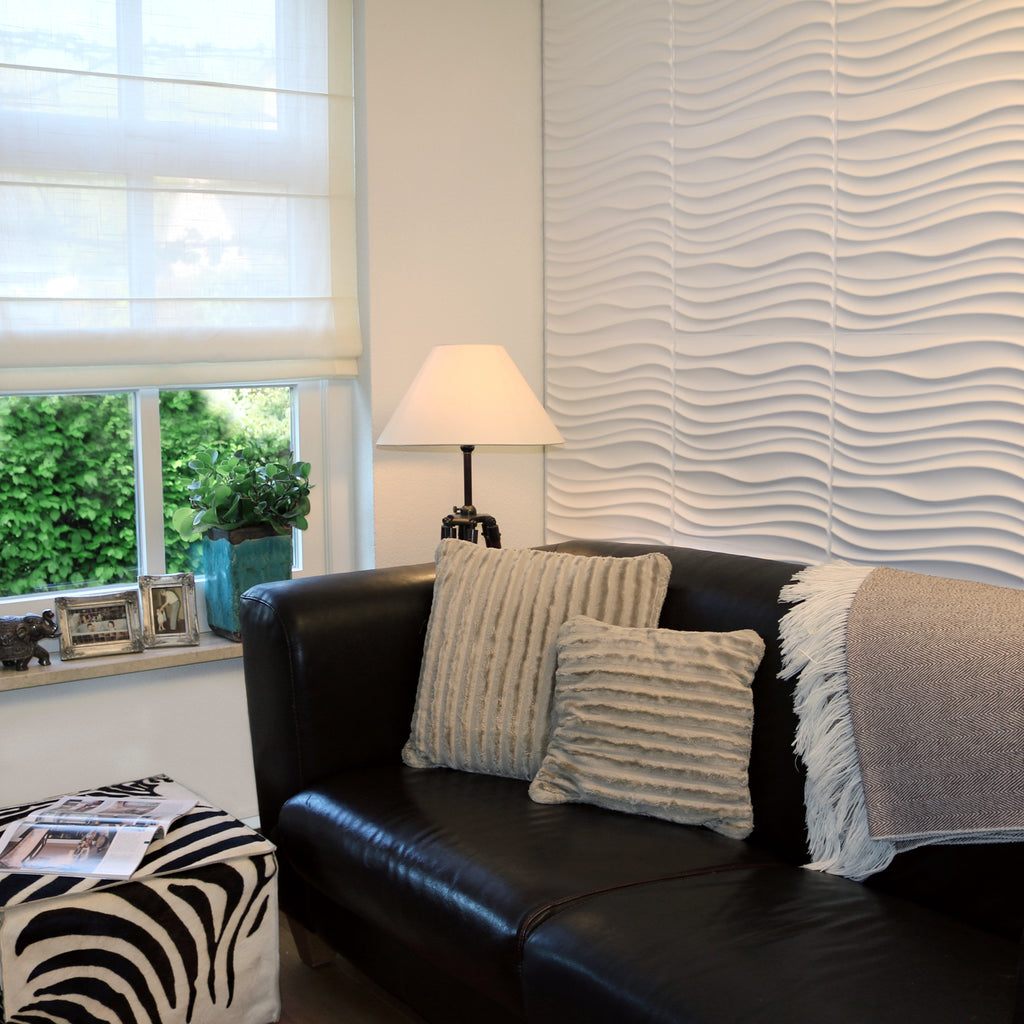 Decorative 3D wall panels within a living room