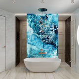 A vivid blue wall panel installed as a feature in a bathroom.