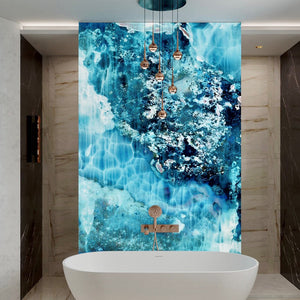 A vivid blue wall panel installed in a bathroom.