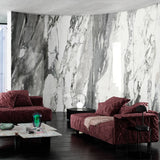 The Arabescato wall panel design is installed in a luxury style waiting room or living room. The room has 2 dark red sofas and a marble table which work well with the marble style wall panel.