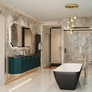 A stylish bathroom with marble wall panels. The bathroom has a freestanding bath and walk in shower.