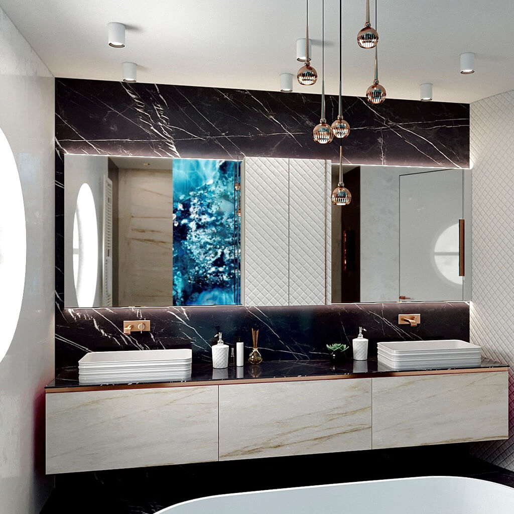 A luxurious bathroom where the wall behind the double basin is clad in the black marble wall panels.