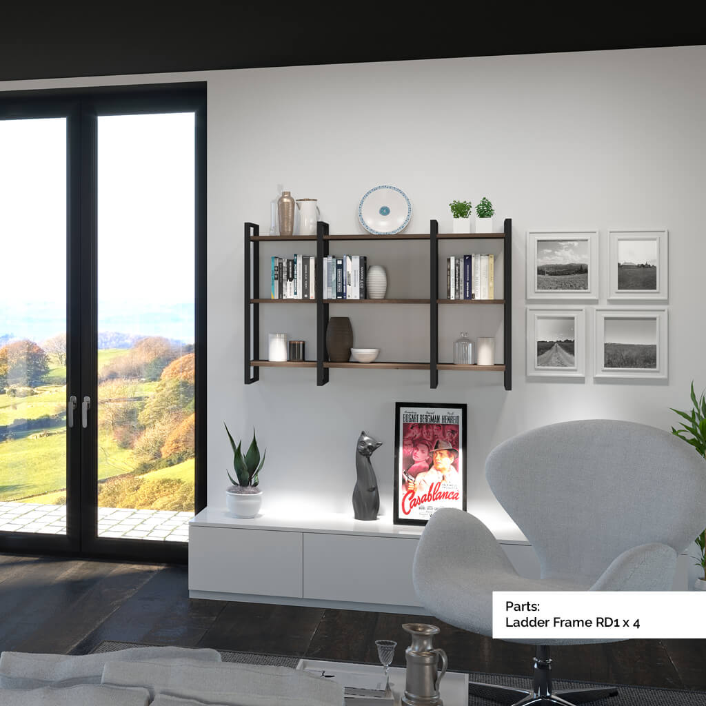 Horizontal shelves with black frames and wood shelves on a wall in a lounge with patio doors. The shelve have books and ornaments on