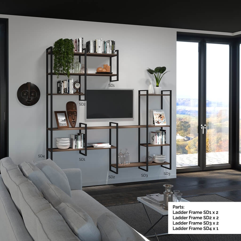 Ladder style shelving system of different heights with books and ornaments on in a lounge area