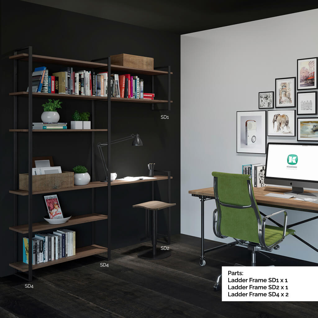 Office space with desk and floor standing ladder style shelving system holding books and plants