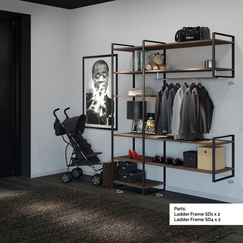 Black metal framed shelving with shoes on and a hanging rail carrying men's jackets