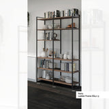Floorstanding ladder style shelving system with black metal frames and wood shelves. The shelves have books and ornaments on