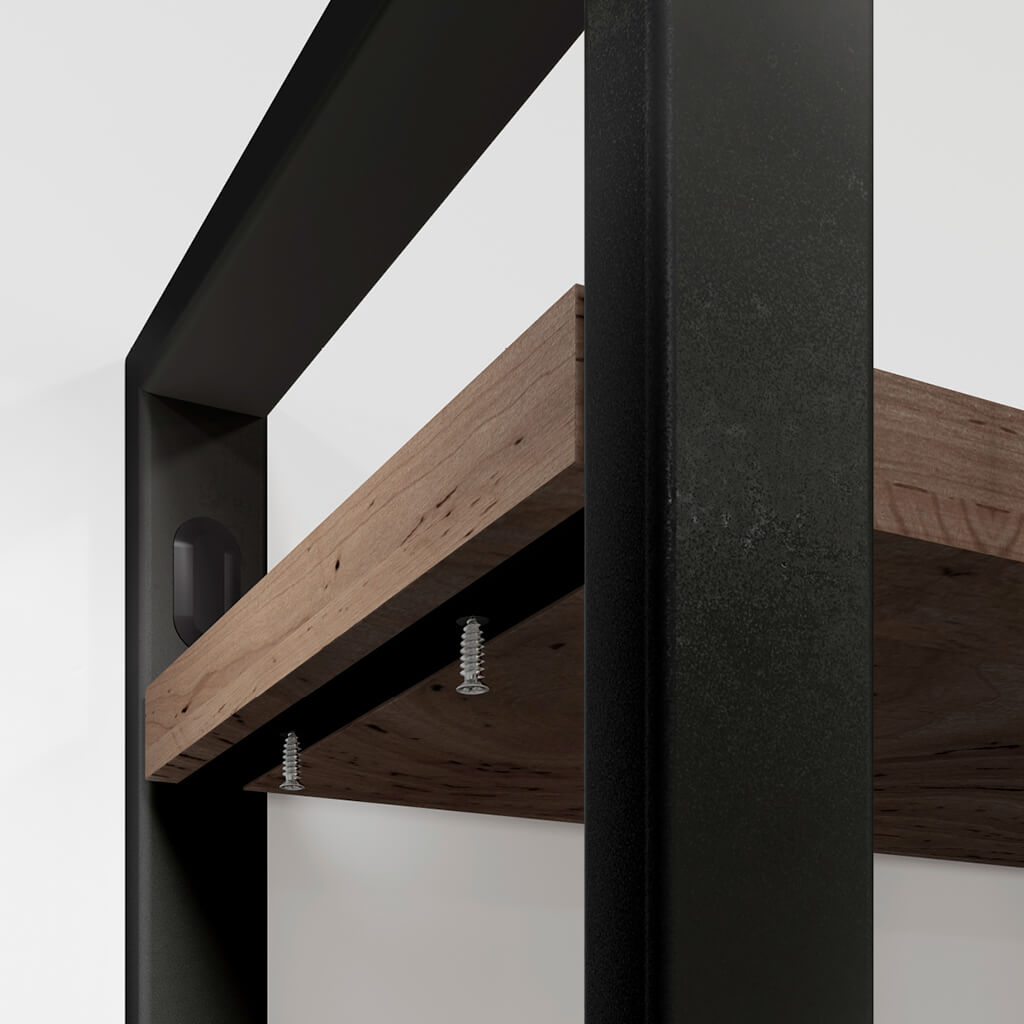 A close up of a black metal frame with a wood shelf