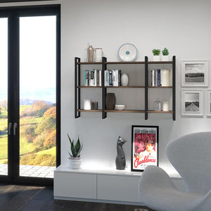 wall mounted metal framed shelving contains books and ornaments on a wall in a lounge area with patio doors