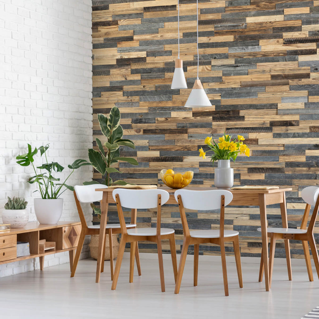 Mixed finish reclaimed wood wall panels added to a Scandinavian style dining room.