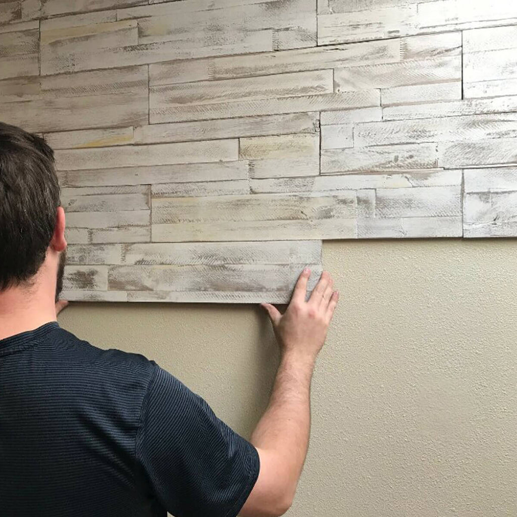 Application of DIY wood panelling product Brushed Coral Peel & Stick panels