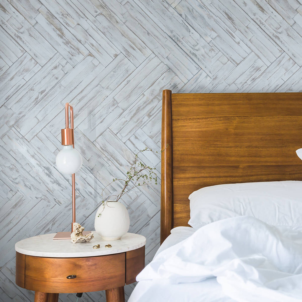 Peel & stick wood wall panelling within a bedroom