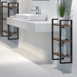 Two small wall mounted metal framed shelves on either side of a washbasin in a bathroom