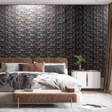 A bedroom with a kingsized bed and a brown headboard. Behind the bed is the 3D grey wooden wall panels.
