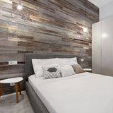Grey wood wall panels in a bedroom