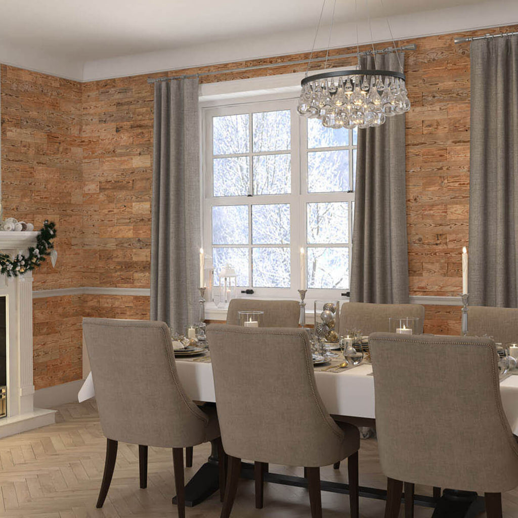 Timber wall panelling in a dining room