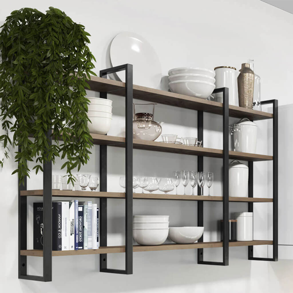 metal framed wall hung shelving with crockery and greenery