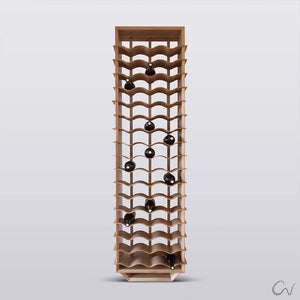 Tall freestanding wooden wine rack with wavy contoured shelving holding several bottle of wine