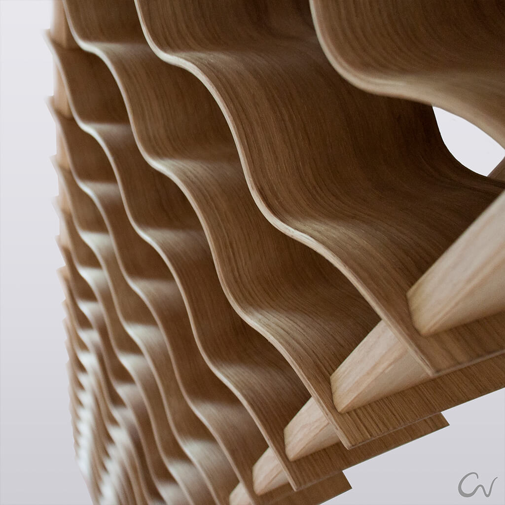 A close up of the wavy contoured shelves on a tall freestanding wood wine rack