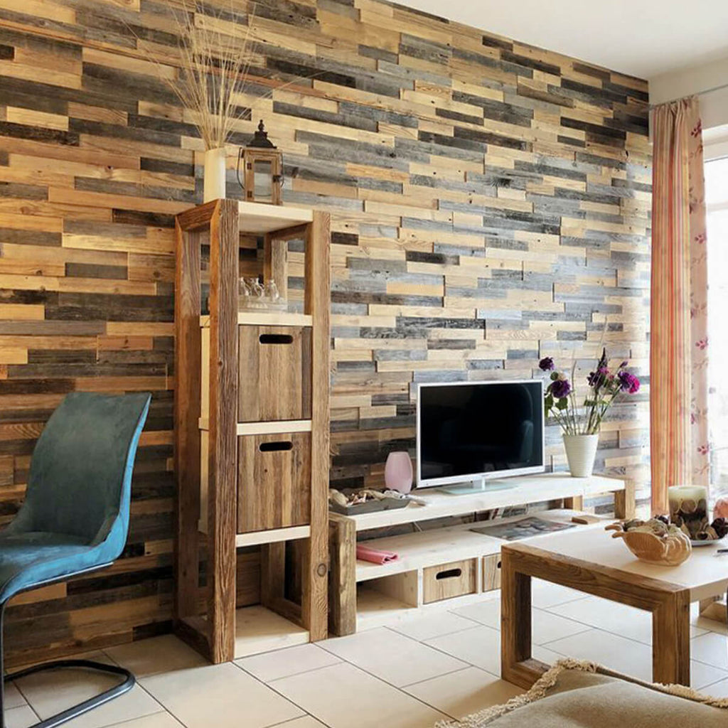 Reclaimed wood wall created within a living room using our Largo panel.