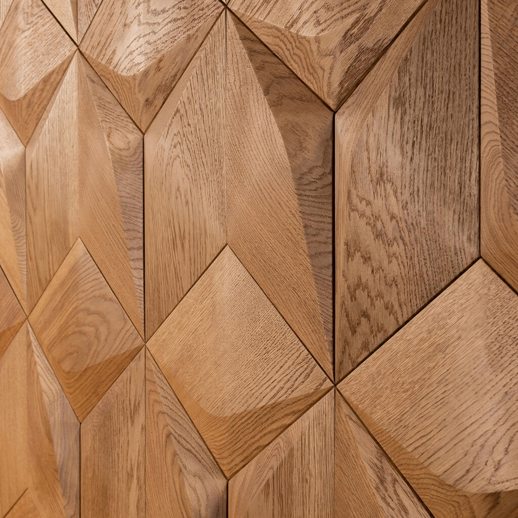 The wooden Caro wall panels are installed next to each other and cover the full image.