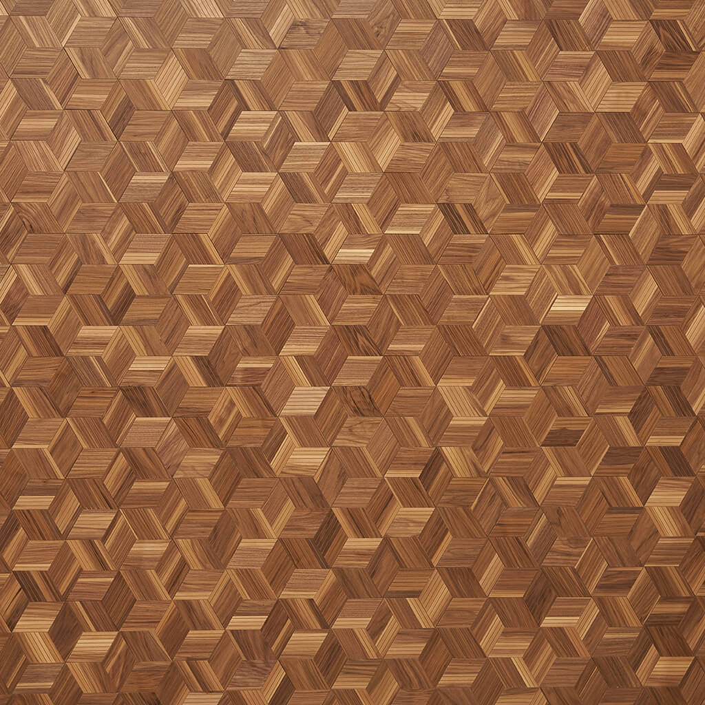 These wall panels vary in natural walnut colours and are in patterns of hexagon shapes.