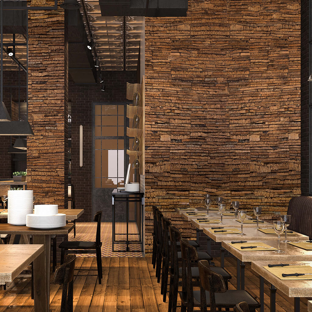 An upscale restaurant has the natural cork 3d panels applied upon their walls.