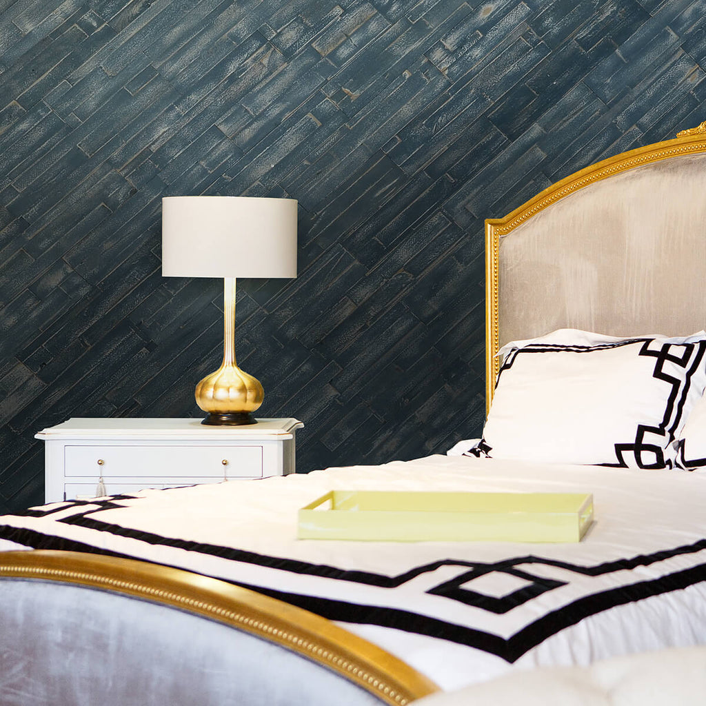 Distressed blue finished real wood panels within a bedroom