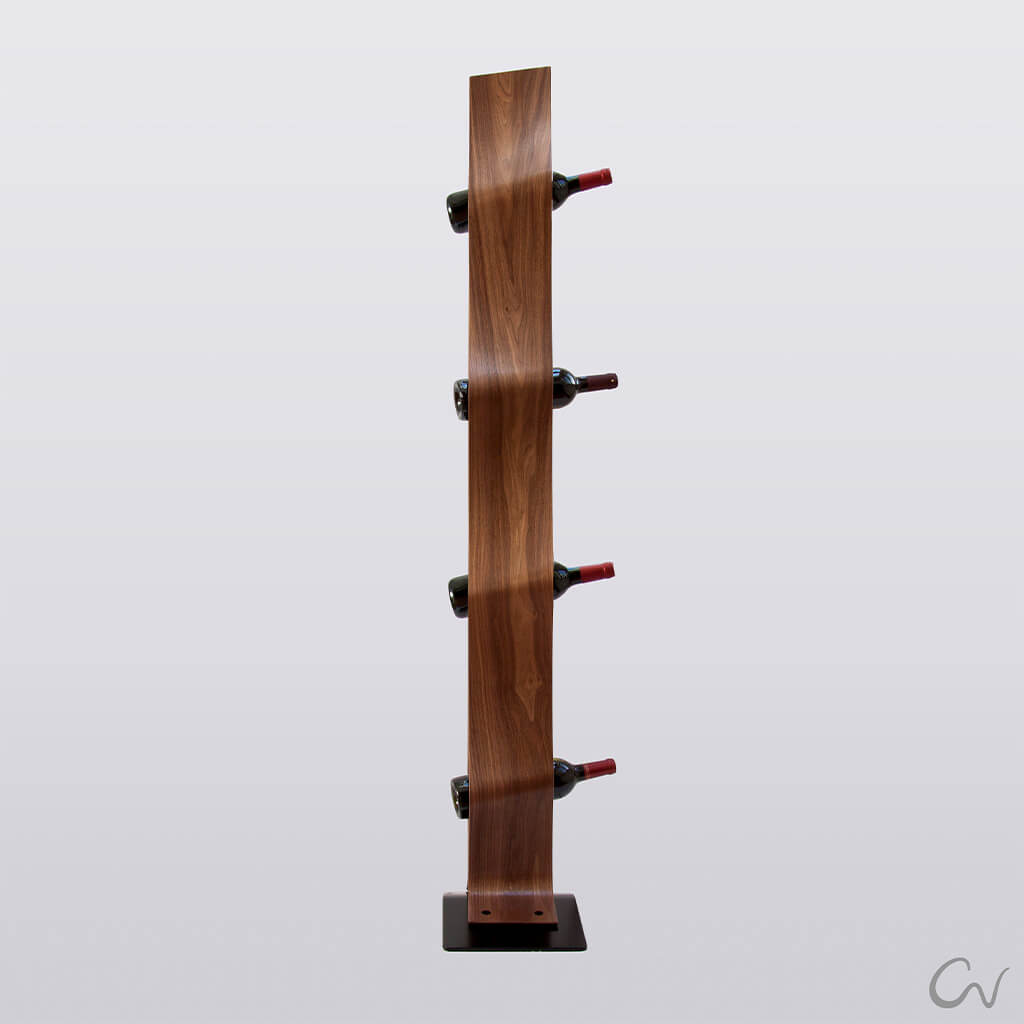 Side view of a floor standing walnut wood wine rack with 4 bottles of wine