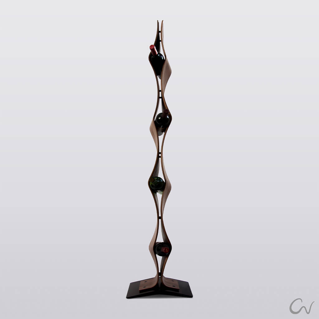 A front view of a 4 tiered wavy contoured wood wine rack