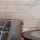 taupe self adhesive wood wall panels close up in a living room