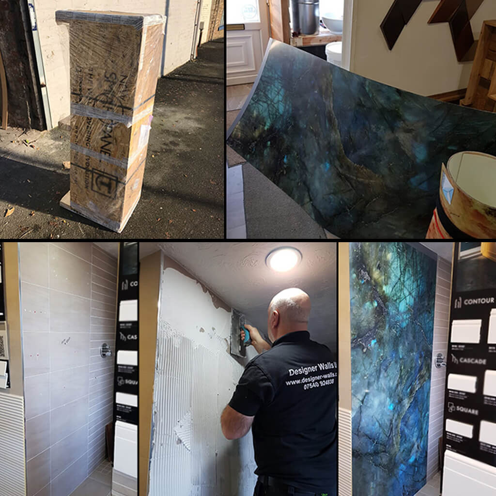 The image shows how the smart panels arrive, which is rolled up in a crate. It also shows us at Designer Walls adding a panel over tiles in our showroom