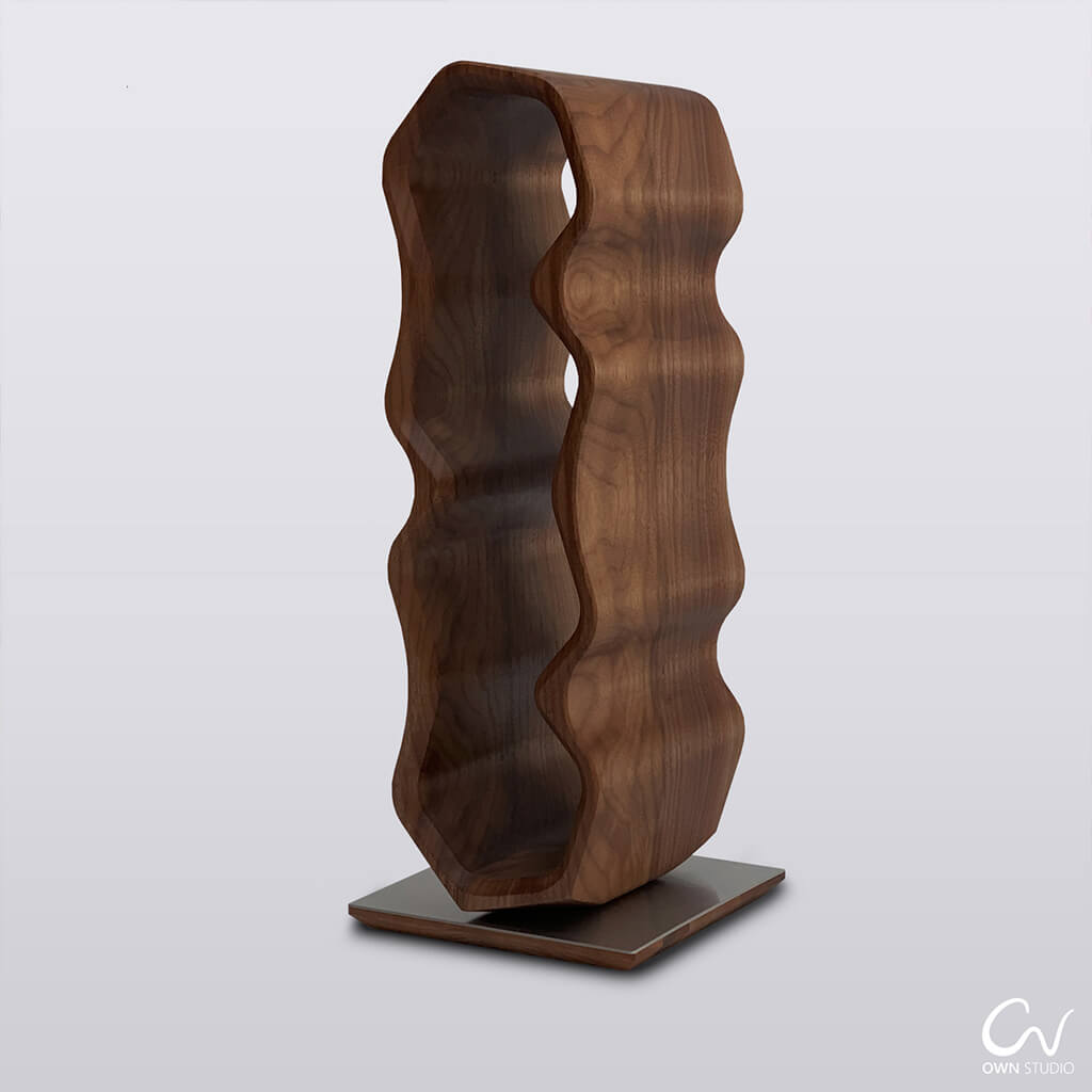 A walnut wood tabletop wine rack. The wine rack is in a wavy design and can hold 4 bottles.