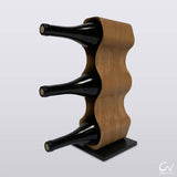 Stylish curved oak wood wine rack with a black base. The wine rack is in a tower design stacking 3 bottles of red wine.