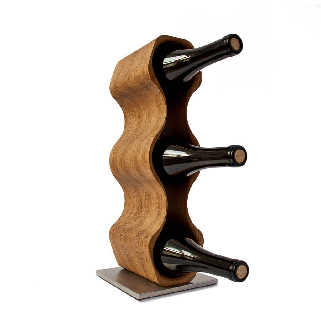The Slim wine rack with 3 red wines on a white background.
