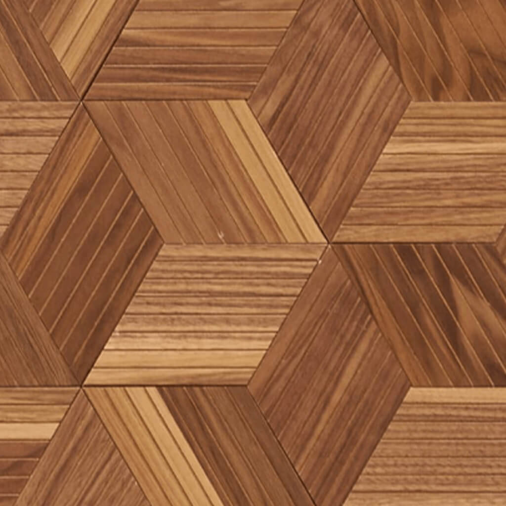 Close up of the hexagon design with the walnut Skwair wall panels.