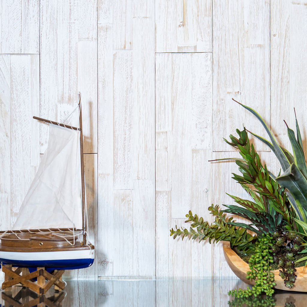 White wood feature wall within a coastal style interior 