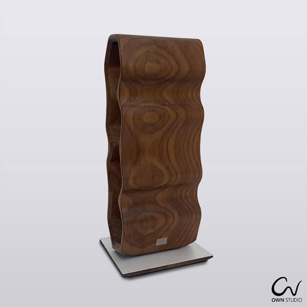 A walnut wood tabletop wine rack. The wine rack is in a wavy design and can hold 4 bottles. The image also shows the chrome base in which it stands.