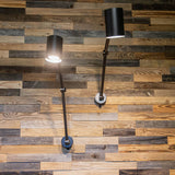 Close up of our Largo wooden panels with contemporary wall lights.
