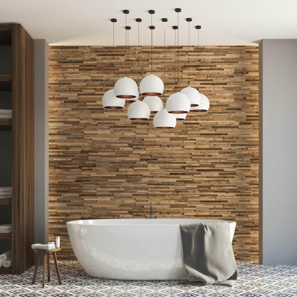 Sustainable 3D wooden wall used behind a freestanding bath.