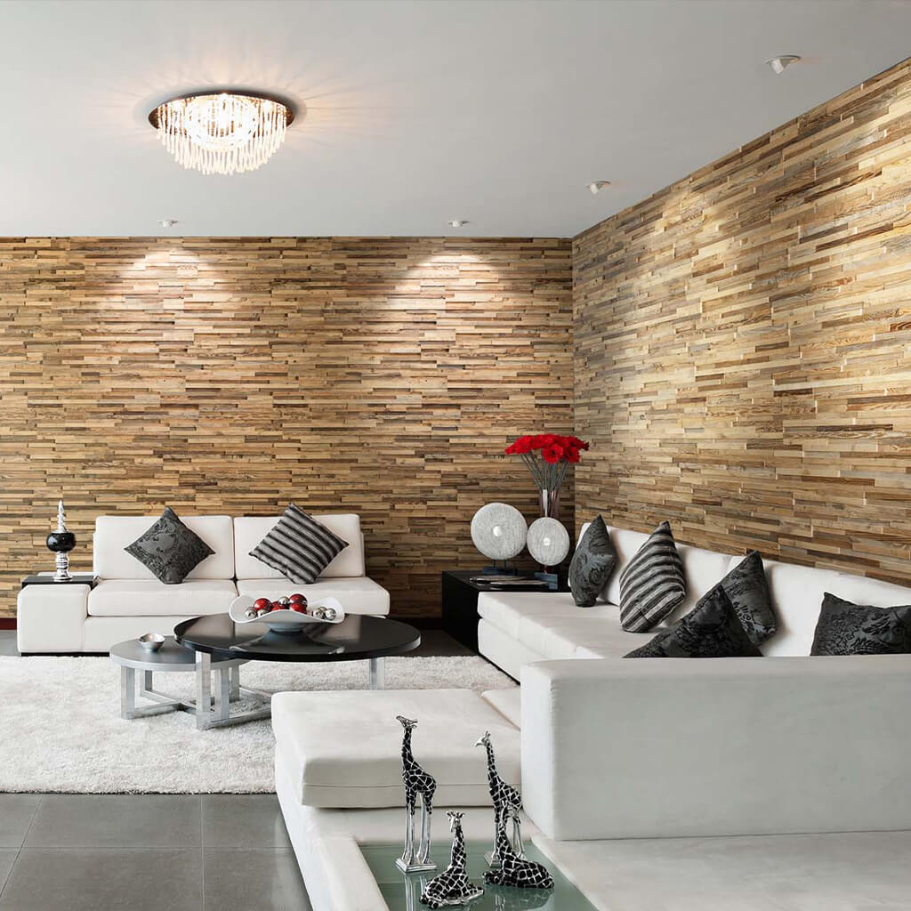 A modern apartment living room with two walls of the A-priori wood wall panel.