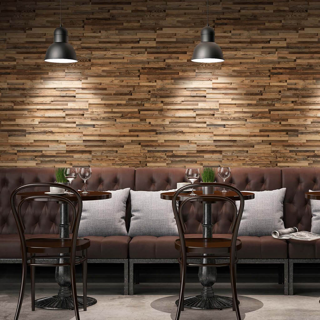 A intimate restaurant with wooden wall panels used behind the seating.